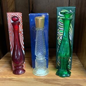 Red, Clear, and Green Decorative Glass Vases from Avon. Collectable. No perfume